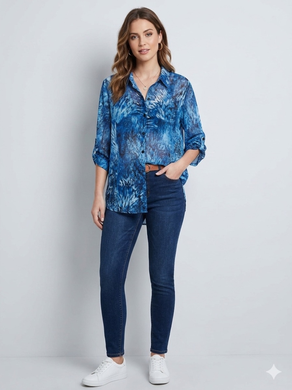 BonWorth Blue Abstract Women's Sheer Blouse